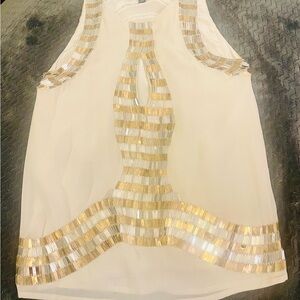 Sheri Bodell Cream Sleeveless Top with Gold & Silver Sequin Trim